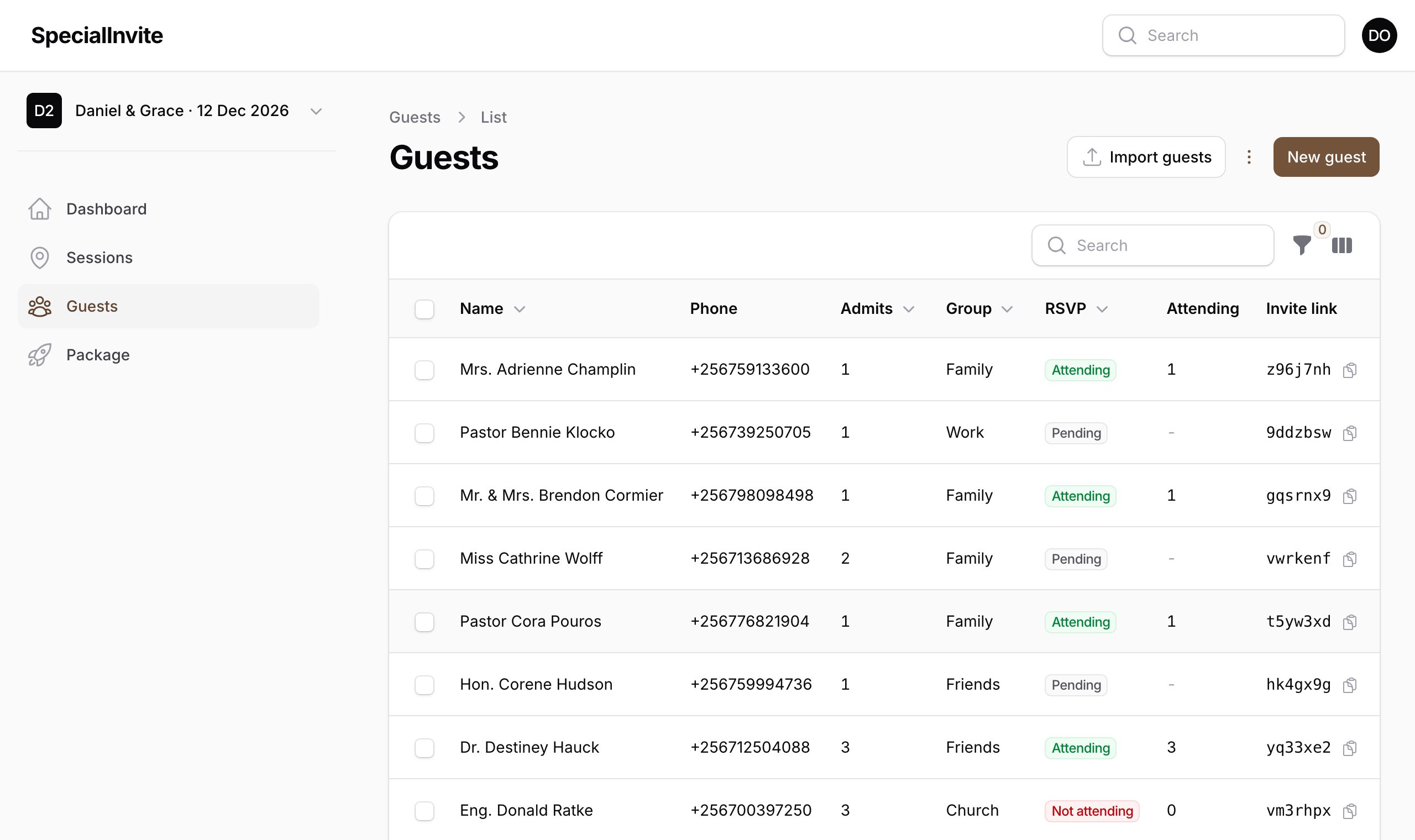Guest list with RSVP status in the Grand Invitations dashboard