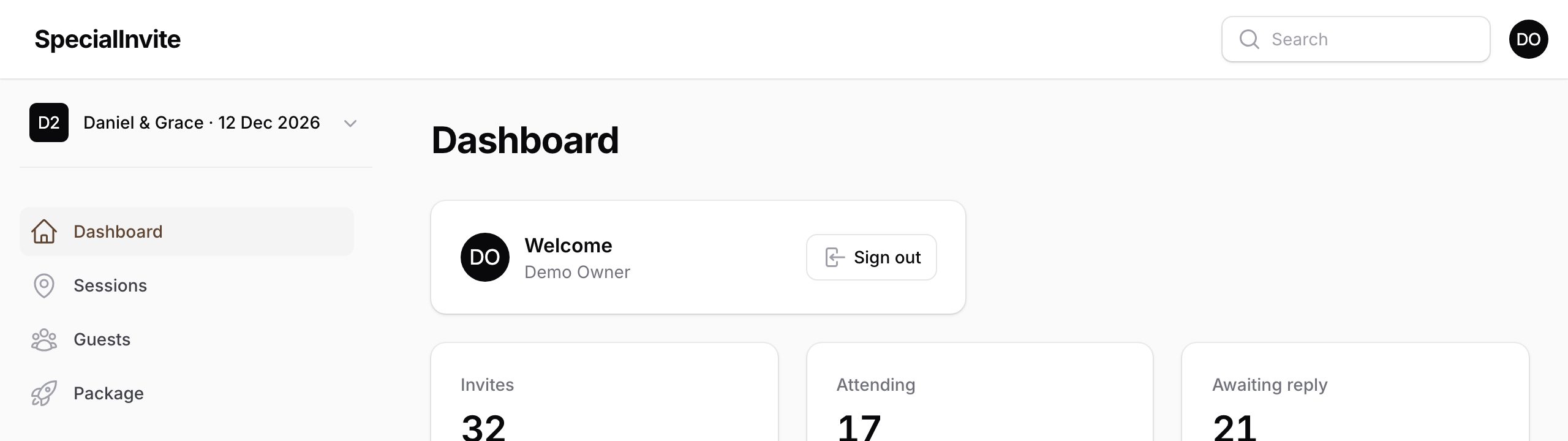 Wedding dashboard showing invites, guests attending and replies awaited