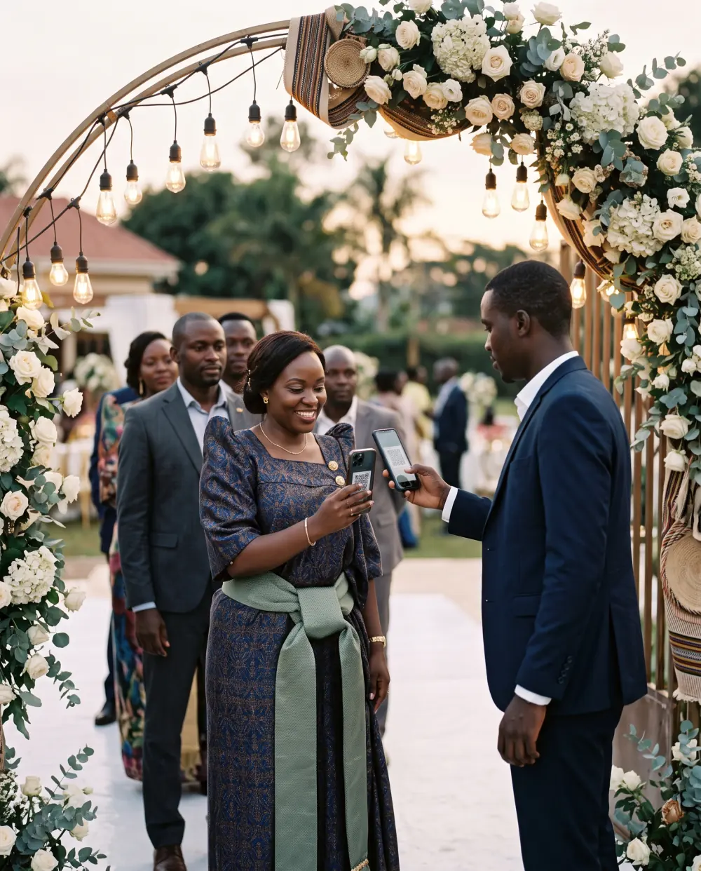 An usher scanning a guest's pass at a decorated wedding gate