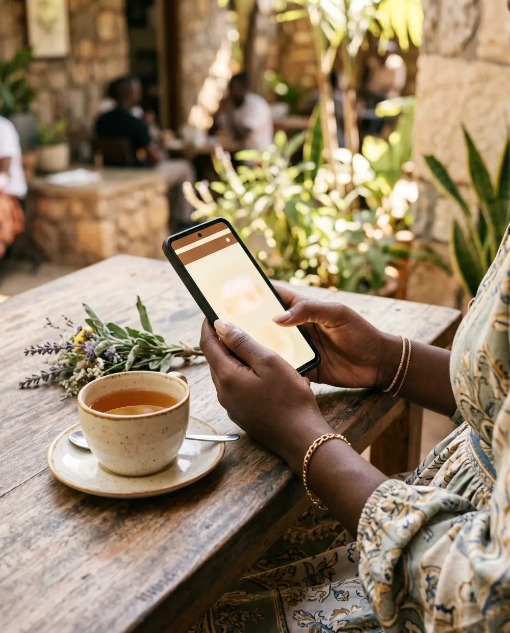 A guest reading her wedding invitation on her phone at a café table